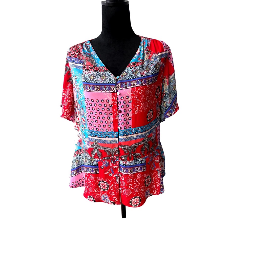 Chicos Size 1 Patchwork Bohemian V Neck Short‎ Sleeve Blouse Top Women's